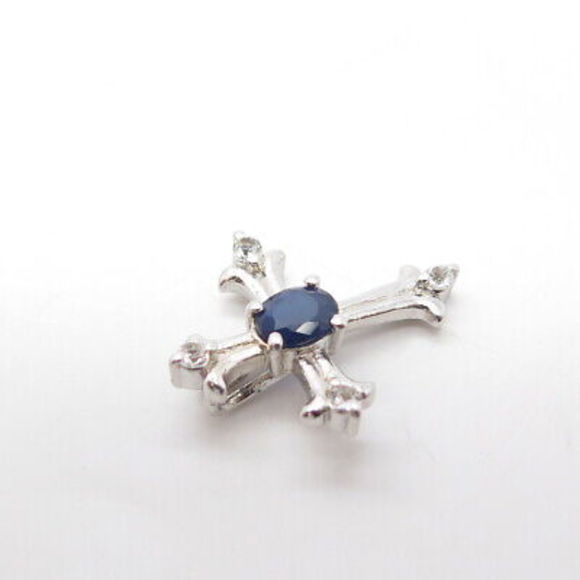 CHUCK CLEMENCY 925 Sterling Silver Real White Topaz & Sapphire Gem Cross… - Picture 7 of 8